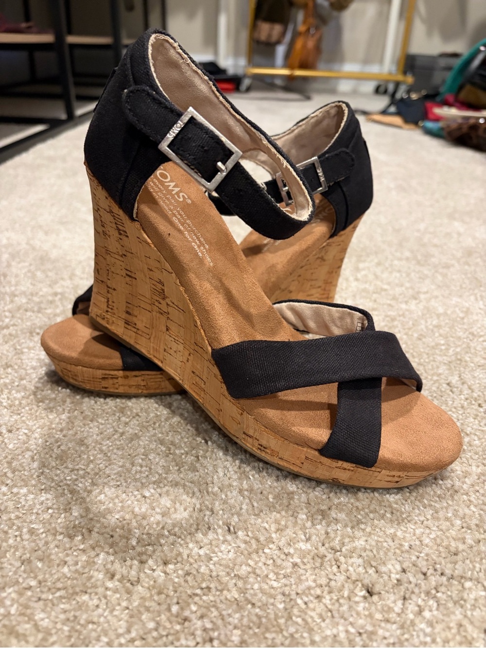 TOMS Black Cork Wedge Sandals with Ankle Strap - Picture 5 of 7
